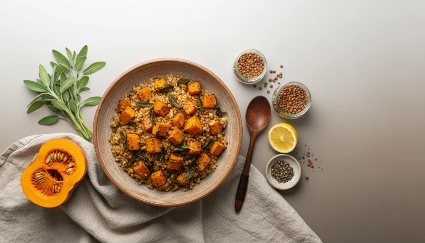 Buchweizen-Risotto mit Kürbis und Salbei – Flat-lay Produktfotografie