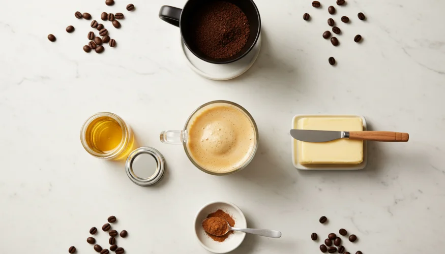 Flat-lay of bulletproof coffee ingredients: frothy coffee in a glass mug, MCT oil, grass-fed butter, and coffee beans