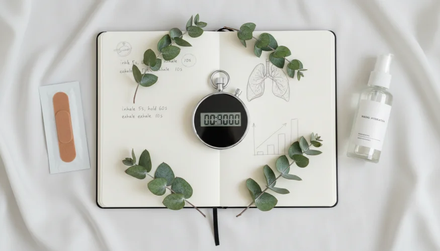 Flat-lay of a stopwatch, notebook with breath-timing notes, nasal strip and eucalyptus representing the Buteyko control pause test