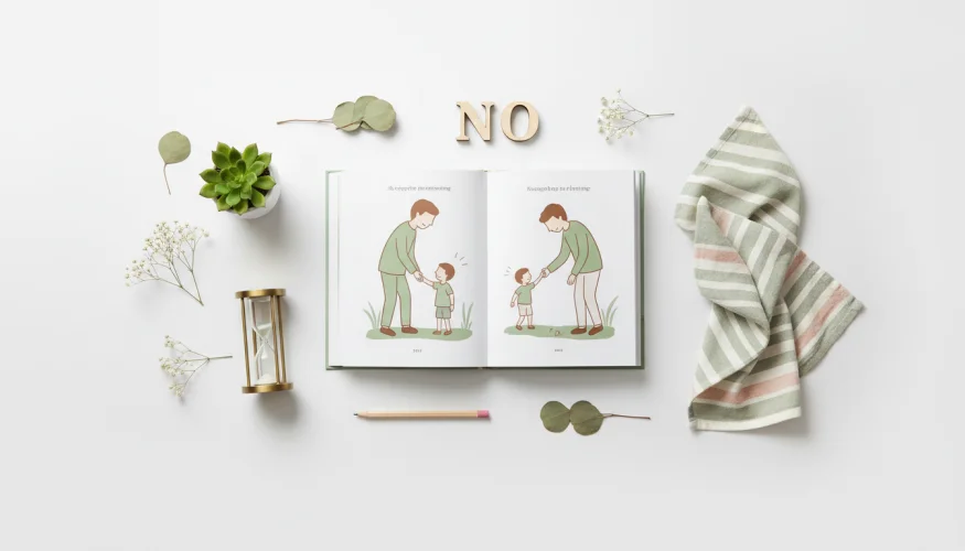 Flat-lay of a parenting book surrounded by mindful lifestyle objects representing calm and clear boundary-setting