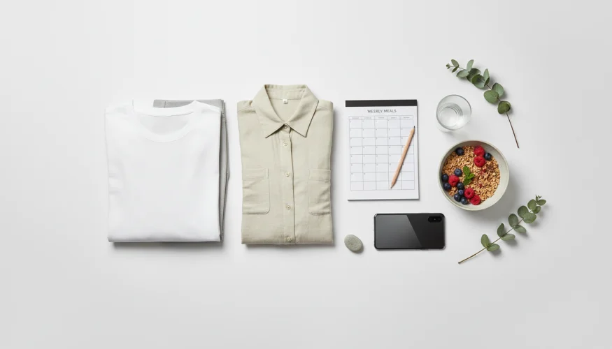 Flat-lay of capsule wardrobe pieces, a weekly meal planner, and a healthy breakfast bowl on a clean white surface