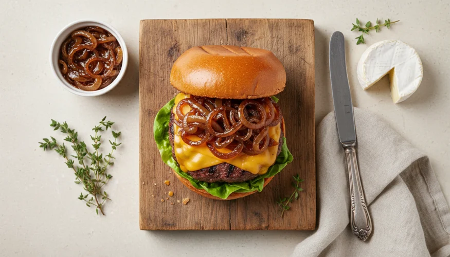 Burger con cipolla caramellata e formaggio su un tagliere di legno