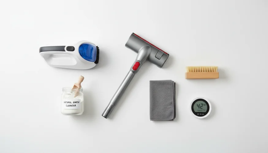 Flat-lay of carpet cleaning tools including HEPA vacuum nozzle, steam cleaner, diatomaceous earth, and hygrometer
