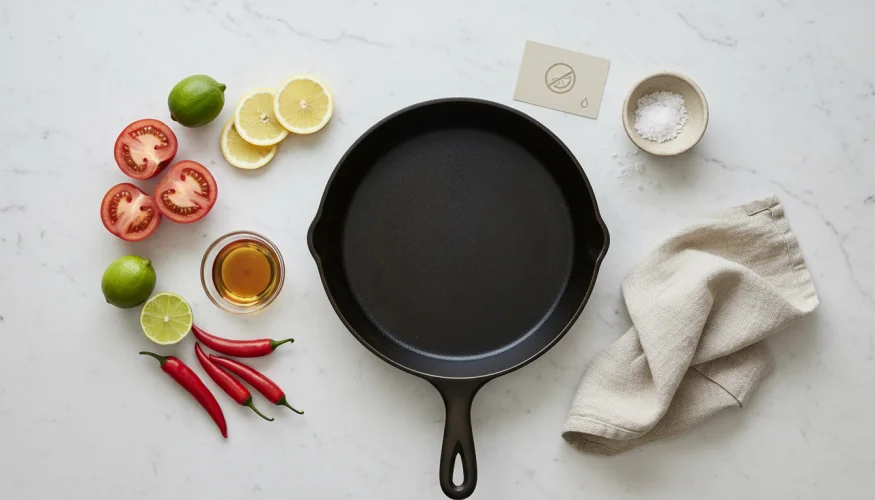 Frigideira de ferro fundido com ingredientes ácidos como tomates e frutas cítricas sobre uma superfície de mármore