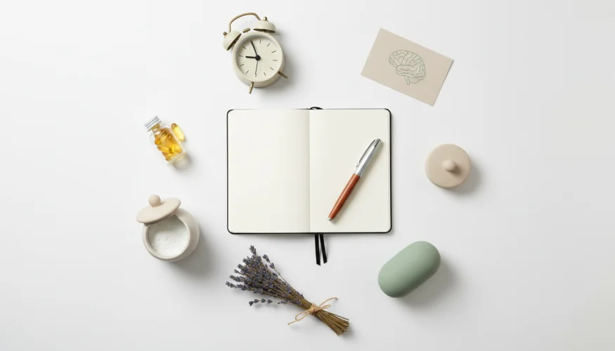 Wellness products for managing anxiety and catastrophic thinking arranged as a flat-lay
