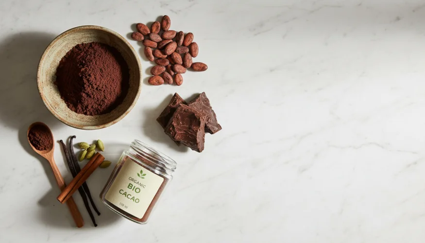 Flat-lay of raw cacao powder, cacao beans, ceremonial cacao paste and spices on a marble surface