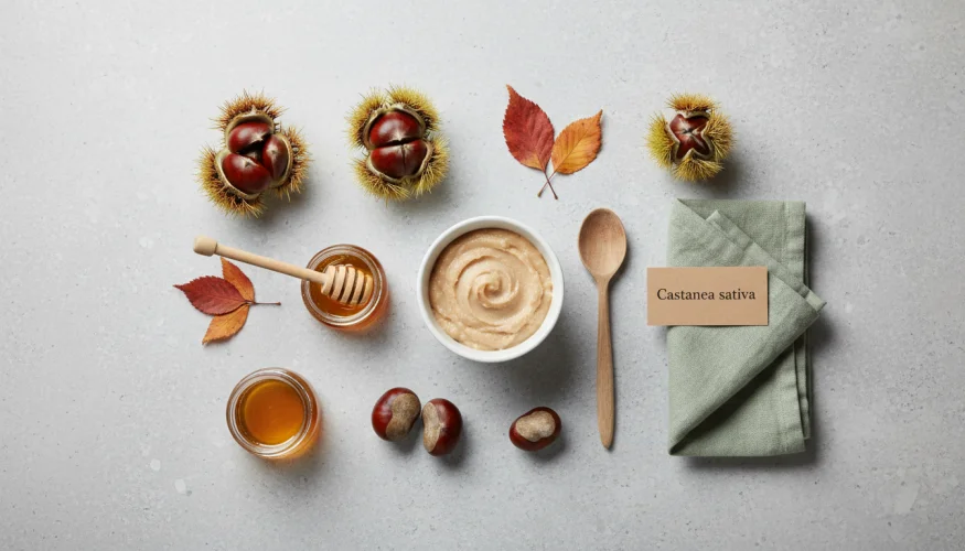 Kastanjepuree en eetbare kastanjes – een overzichtelijke flat-lay met voedingsingrediënten