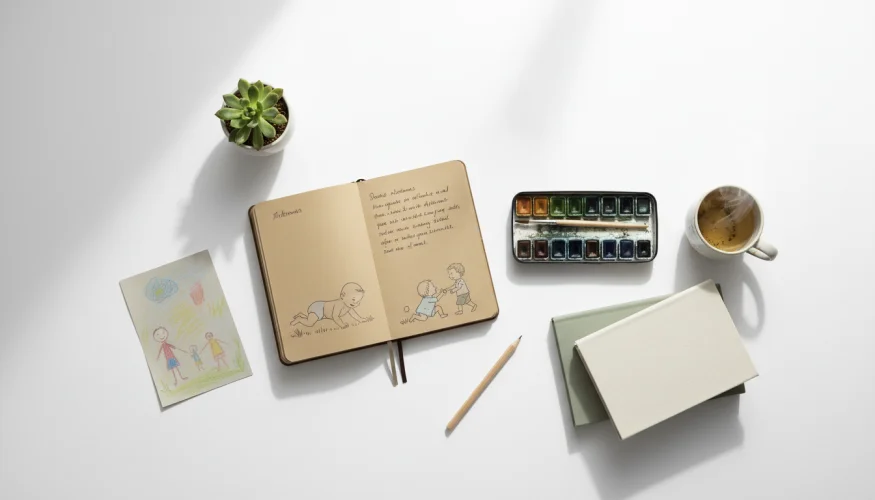 Entwicklungstagebuch eines Kindes, Aquarelle und ruhige elterliche Hilfsmittel als Flat-Lay-Komposition