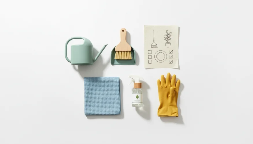 Utensilios infantiles para las tareas del hogar – regadera, pala, trapo y productos de limpieza ecológicos