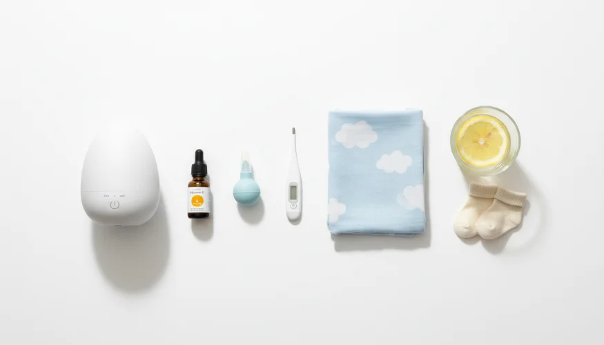 Itens para cuidar de uma criança doente com laringite – umidificador, vitamina D, termômetro e líquidos