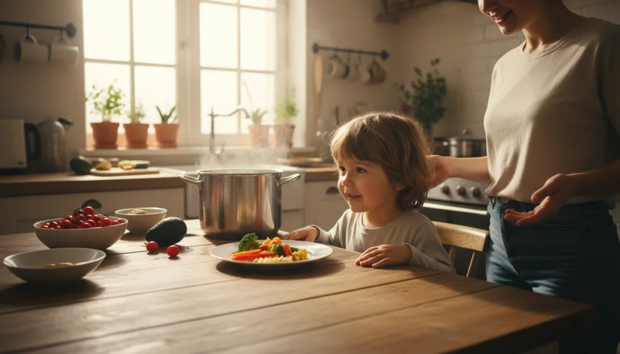 Kind am Tisch mit kleiner Portion Essen und Elternteil, das anbietet nachzunehmen