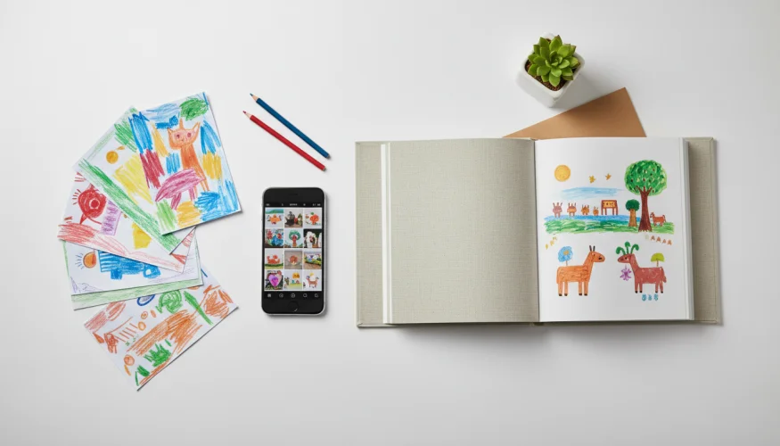 Creaciones infantiles, smartphone con archivo digital y libro de recuerdos impreso