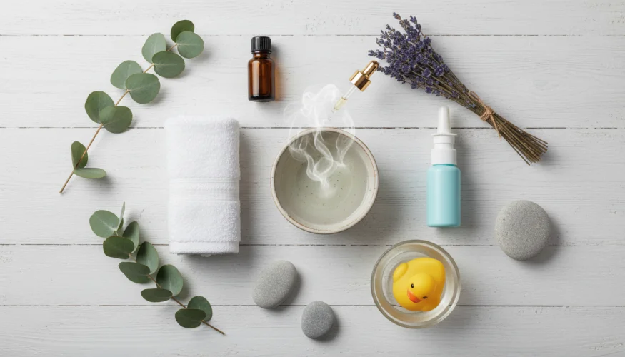 Rimedi naturali per inalazione e bagno nel raffreddore dei bambini – olio di eucalipto, spray fisiologico e asciugamano