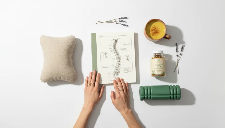 Productos ergonómicos y naturales para el cuidado del dolor crónico sobre una superficie blanca
