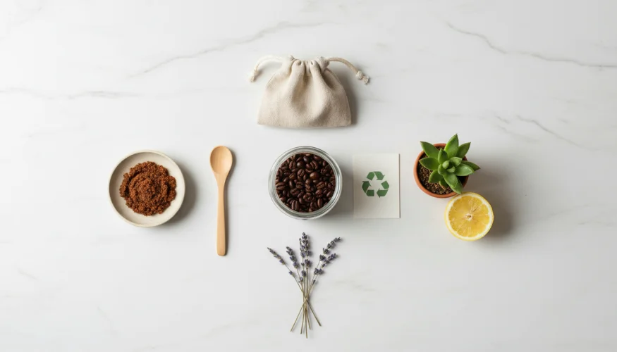 Flat-lay of coffee grounds with natural home-use products including coconut oil scrub, lemon, and a small plant