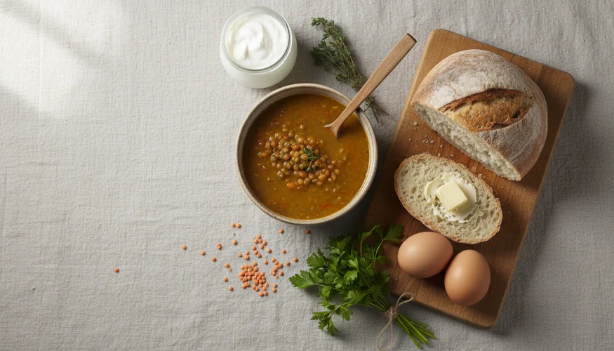 Flat-lay of simple Czech comfort food ingredients including lentils, eggs, potatoes, sourdough bread and butter on a linen surface