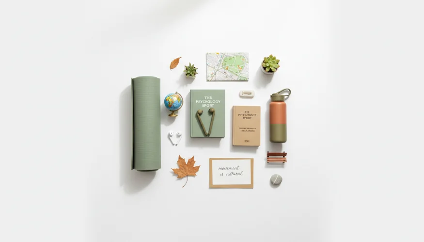 Flat-lay of yoga mat, psychology books, globe and park props symbolizing cultural attitudes toward public exercise