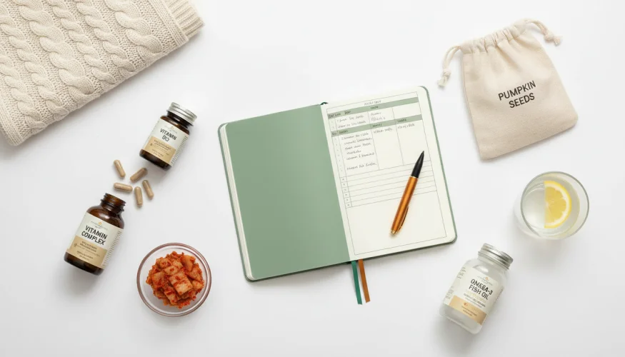 Wellness flat-lay with cycle-tracking journal, vitamin D, zinc, omega-3 supplements, pumpkin seeds and fermented foods for immune support during menstrual cycle