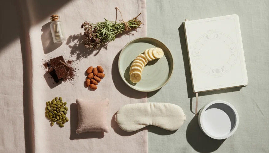 Flat-lay of natural sleep support products including magnesium, herbs, dark chocolate, seeds, and a cycle journal