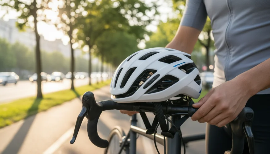 Cyklistická přilba na řídítkách kola na cyklostezce