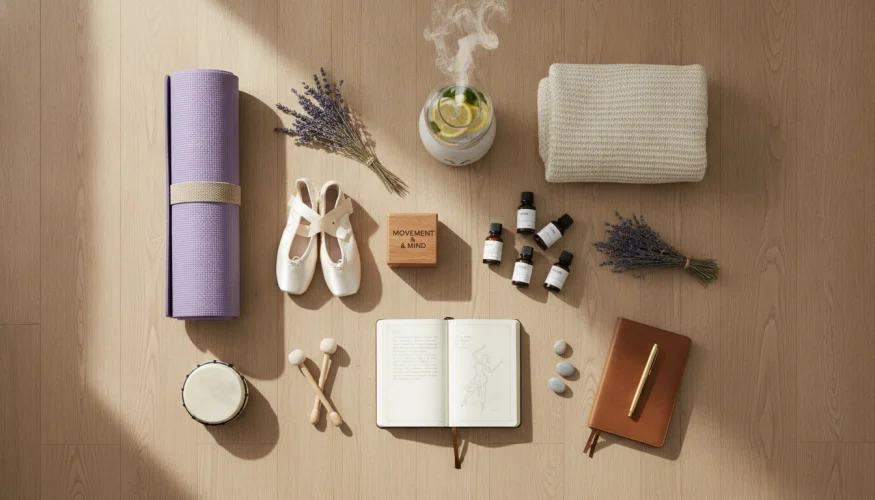 Flat-lay of home dance therapy essentials including a Bluetooth speaker, organic activewear, essential oil diffuser, candle, and playlist notebook
