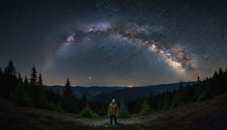 A person observing the Milky Way in the Beskydy Protected Landscape Area without light pollution