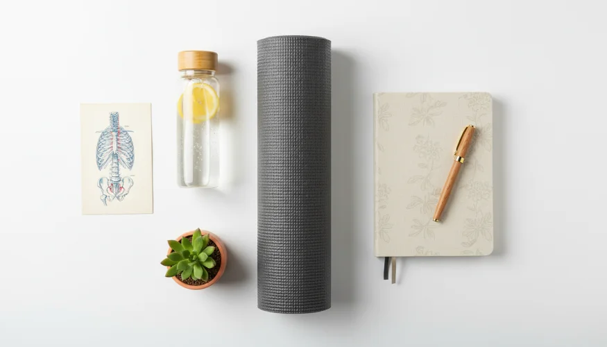 Flat-lay se jógovou podložkou, zápisníkem a sukulentem pro cvičení bránicového dýchání