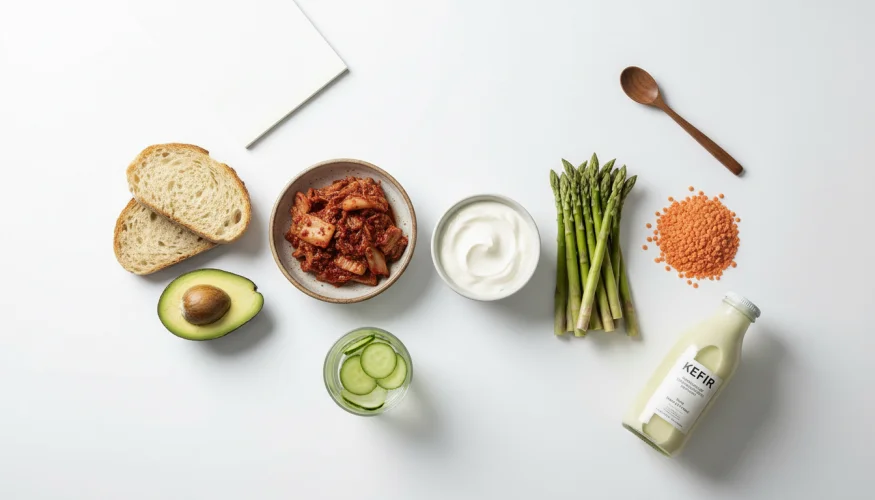 Productos que favorecen la digestión saludable y el microbioma intestinal en una composición flat-lay