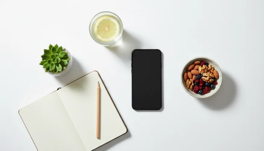 Smartphone otočený displejem dolů vedle deníku, rostliny a zdravého občerstvení jako symbol digitálního detoxu