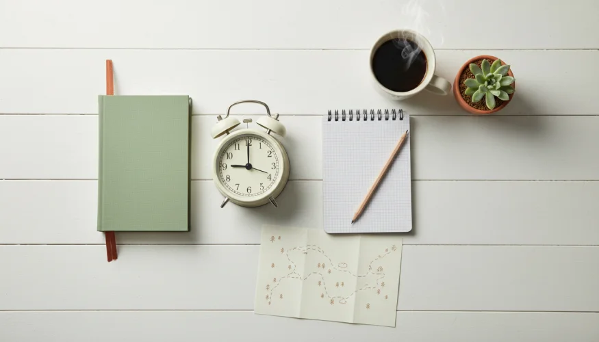 Flat-lay of analog weekend essentials: alarm clock, book, notebook, pencil, coffee mug, and succulent - no screens in sight