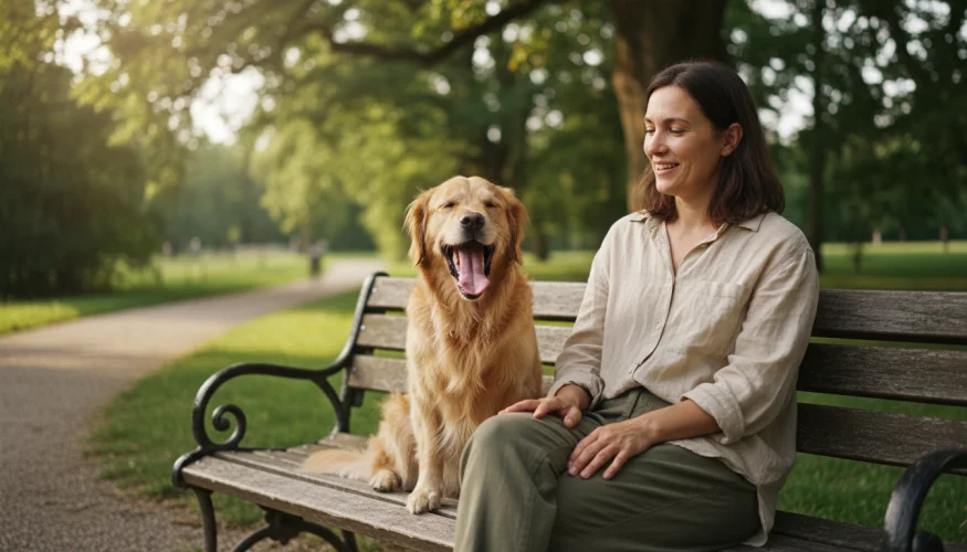 Um cachorro bocejando ao lado de sua tutora num banco de parque, bocejo contagioso