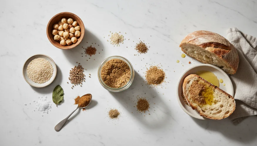 Přísady a hotová směs dukkah v produktovém flat-lay záběru