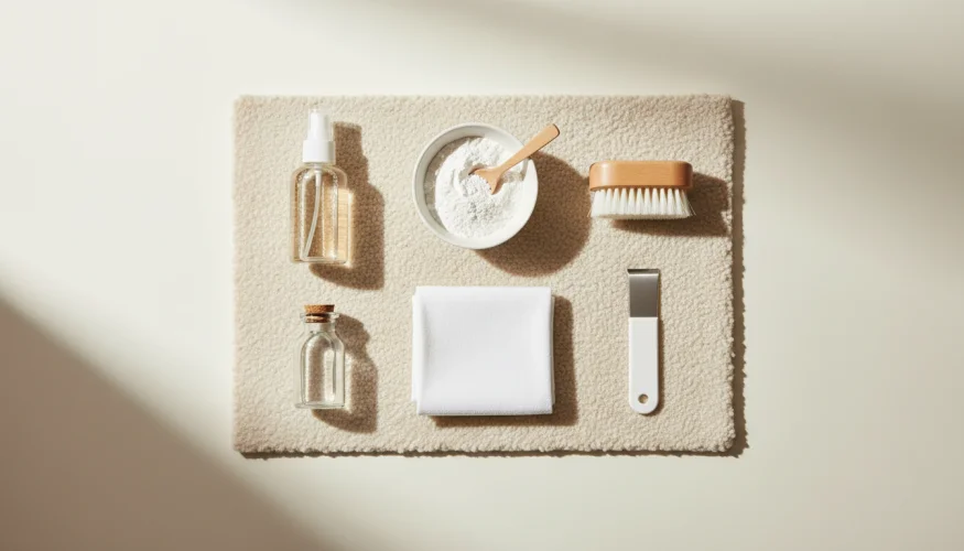 Thuisset voor ecologische tapijtreiniging met zuiveringszout, azijn en een witte doek