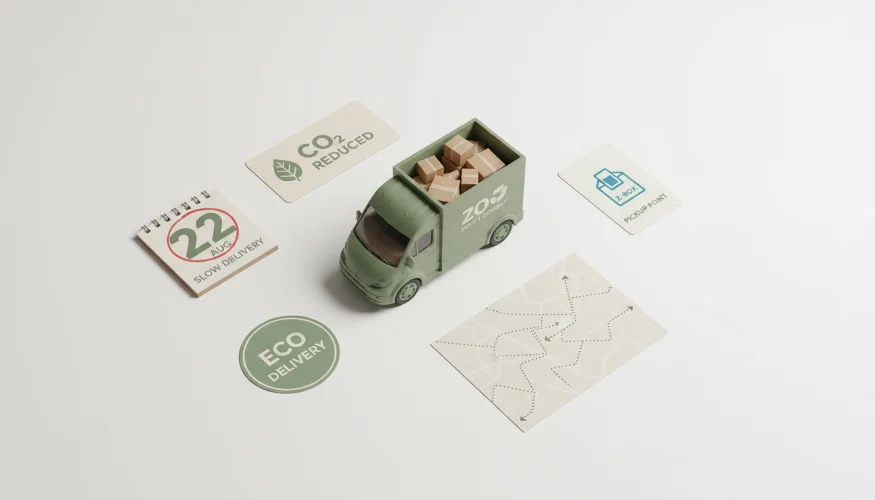 Flat-lay of miniature delivery van, eco delivery badge, and pickup point card illustrating sustainable shipping choices
