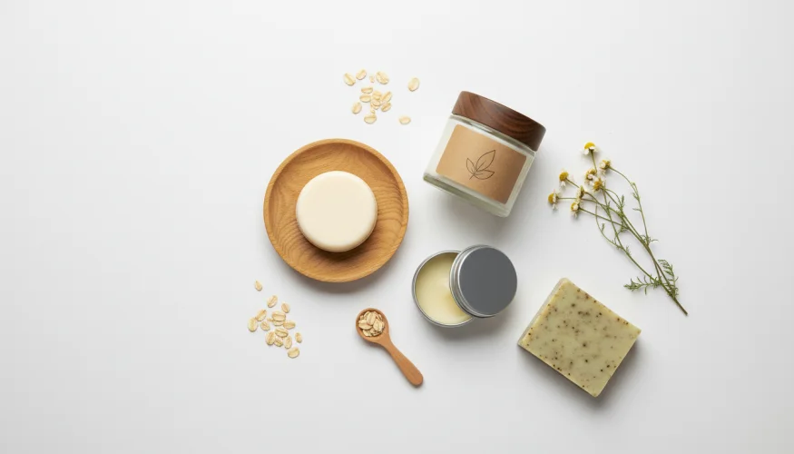 Minimalistische Öko-Kinderkosmetik ohne Plastikverpackungen – festes Shampoo, Glasfläschchen und Naturseife