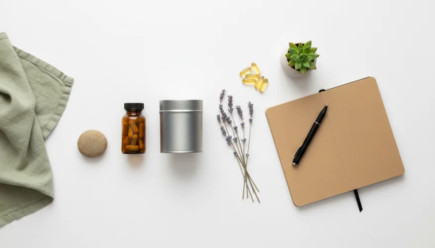 Flat-lay of wellness supplements, journal and calming natural objects for emotional self-care