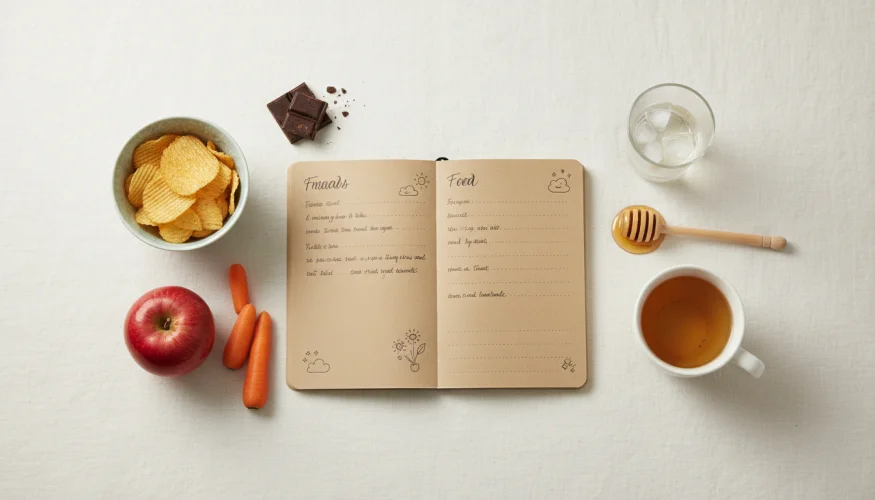 Notizbuch mit Aufzeichnungen über Emotionen und Essen, umgeben von gesunden und weniger gesunden Snacks
