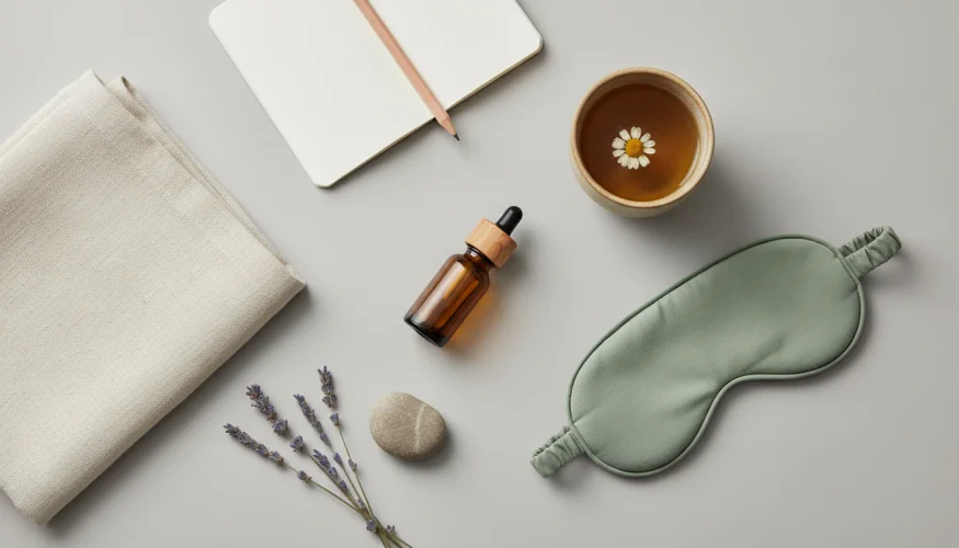 Flat-lay of essential oil, lavender, sleep mask, chamomile tea and notebook for emotional wellbeing