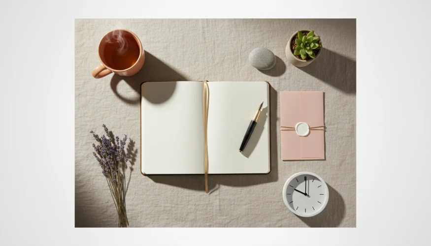 Flat-lay of journaling and mindfulness tools symbolizing emotional self-reflection