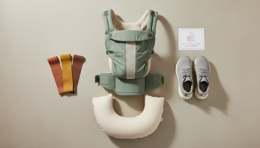 Accesorios ergonómicos para proteger la espalda al cuidar a un bebé – portabebés, calzado, almohada de lactancia y accesorios de ejercicio