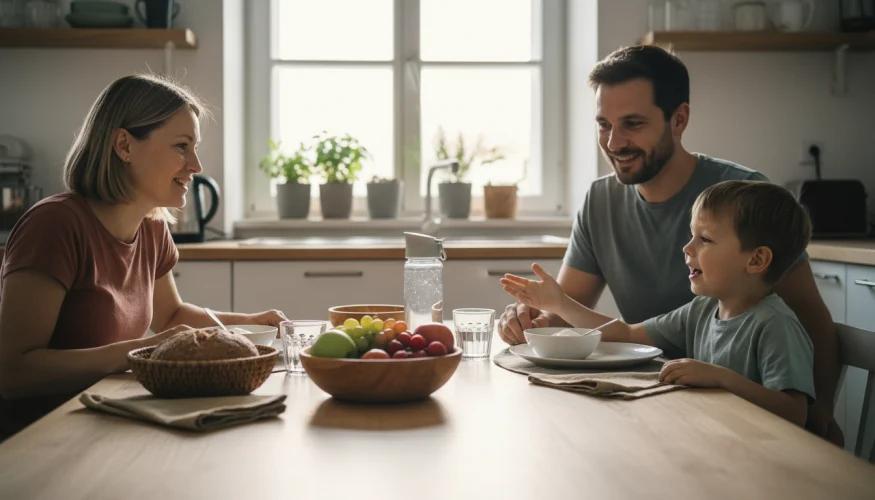 La famiglia a cena condivide le esperienze della giornata scolastica