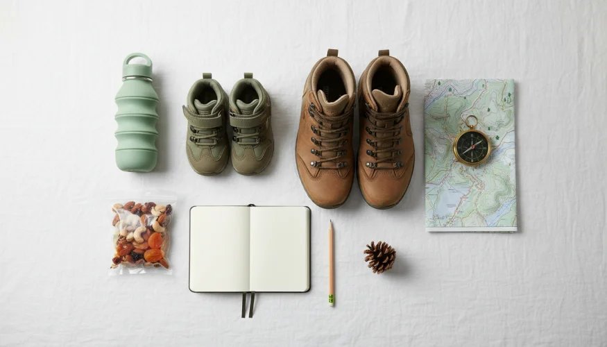 Familienausrüstung für einen Ausflug in die Natur – Schuhe, Karte, Snack und Notizbuch