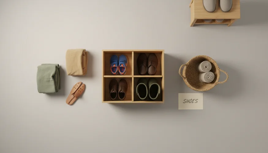Flat-lay of an eco-friendly family shoe organization system with bamboo rack, cotton storage boxes, and cedar shoe trees