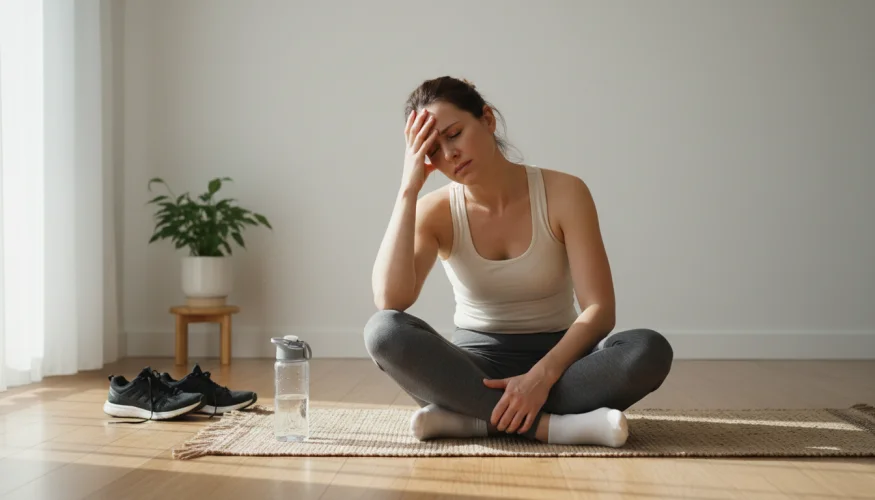 Erschöpfte Frau nach intensivem Training auf nüchternen Magen sitzt auf einer Yogamatte und hält sich den Kopf