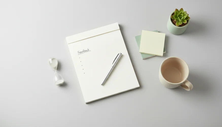 Notitieboek met aantekeningen over feedback, zandloper en koffie op een lichte ondergrond