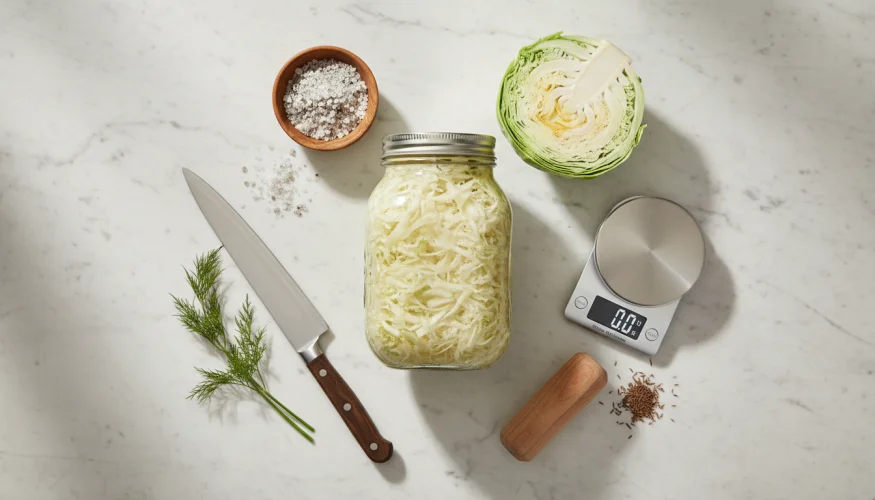 Pomůcky a suroviny pro domácí fermentaci zelí na mramorovém podkladu