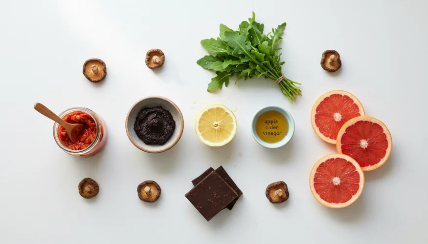 Flat-lay of miso paste, lemon, apple cider vinegar, rocket, dark chocolate, grapefruit, kimchi and dried shiitake mushrooms