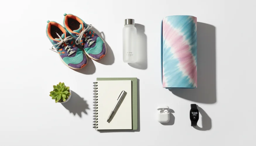 Flat-lay of running shoes, yoga mat, journal, and fitness accessories on a white surface