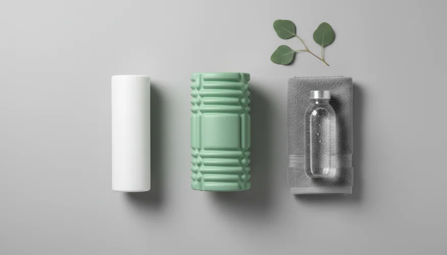 Foam roller e accessori su un tappetino da yoga – fotografia di prodotto flat-lay