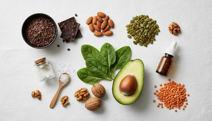 Flat-lay of natural foods representing nutrients behind common food cravings